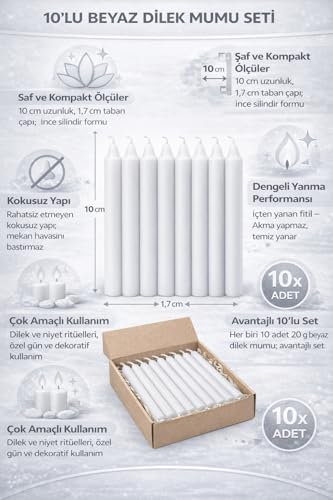 Alternative view of 10’lu Beyaz Dilek Mumu Seti, Kaliteli ve Pürüzsüz Dış Yapılı, İçten Yanan Fitilli, Silindir Blok Tasarımlı, Dekoratif ve Ritüel Kullanımına Uygun Mumlar