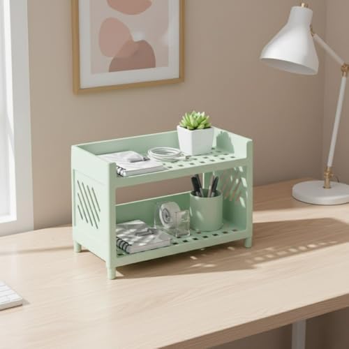 Alternative view of Çok Amaçlı 2 Katlı Organizer Raf – Açık Yeşil Plastik Düzenleyici Stand – Banyo, Mutfak, Masaüstü ve Ofis İçin – 25 x 18 cm