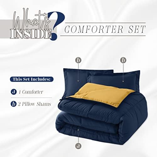 Elegant Comfort 3 Parça Ters Çevrilebilir Yorgan Seti, Dört Mevsim Rahat, Yumuşak Kuş Tüyü Alternatif, Kapitone - Kutu Dikişli - 4 Köşe Sekmeli Nevresim Takımı, Süslü Yorgan, Kral, Lacivert/Sarı - Görsel 3