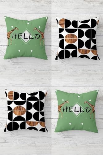 Zürafa Ve Daire Desen Hello Yazılı Gizli Fermuarlı Kırlent Kılıfı Koltuk Yastık Kılıfı Takım(4adet), Kahverengi-Yeşil 45 x 45