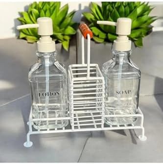 Krem 2’li Metal Standlı Cam Sıvı Sabun ve Sabunluk 500 Ml krem