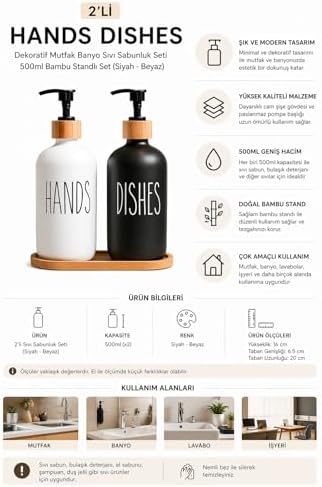 Alternative view of 2’li Hands Dishes Siyah Beyaz Cam Sıvı Sabunluk Seti 500 ml, Bambu Standlı Dekoratif Mutfak & Banyo Sabunluk Dispenser Seti Şık Modern Tasarım