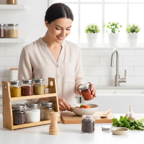 8 Parça Borosilikat Cam Baharatlık Seti (700 ml) - Paslanmaz Çelik Kapaklı ve Bambu Kapak Sçenekli 2 Katlı Bambu Standlı Tezgah Üstü Erzak Kabı ve Mutfak Düzenleyici Organizer (Bambu Kapak)