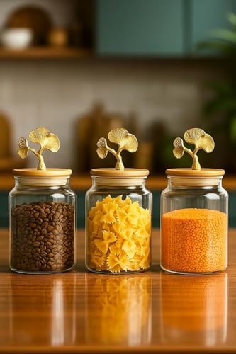 3’Lü Bambu Kapaklı Ginkgo Figürlü Kavanoz Seti - Orta Boy Saklama Kabı 890Ml