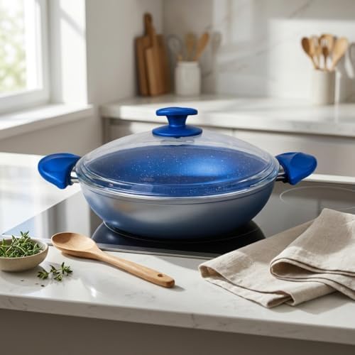 Argos 26 cm Karnıyarık Tenceresi - Gri Gövde ve Mavi Kırçıllı Özel Kaplama - Ergonomik Tasarımlı - Cam Kapaklı - Görsel 3