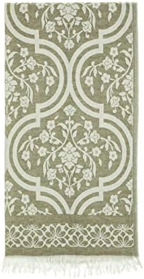 Yeşil Damask Desen Jakarlı Pamuk Peştemal