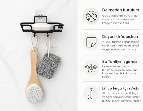Alternative view of Yapışkanlı Siyah Sabunluk ve Lif Askılık, Delmeden Montajlı Banyo Sabun Rafı, Çift Askılı Mat Siyah Banyo Düzenleyici
