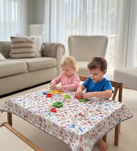 Yorni Su Geçirmez Yer/Masa Örtüsü, Aktivite, Yemek ve Oyun için, Doğa Dostu ve Çevreci, Sertifikalı,%100 Polyester, Family Desenli, 150x180cm
