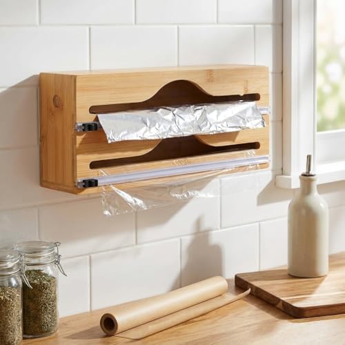 2 Bölmeli Doğal Bambu Folyoluk ve Streç Film Kesici Organizer - Sürgülü Bıçaklı Duvara Monte Edilebilir Çekmece İçi Düzenleyici Pişirme Kağıdı ve Alüminyum Folyo Standı (35,5 x 14 x 7 cm)