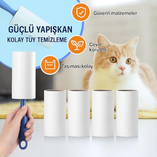 Tüy Toplayıcı Set – 1 Sap + 6 Rulo – Toplam 360 Yaprak – Kedi Köpek Tüyü ve Toz Temizleyici – Giysi, Mobilya ve Araç Koltuğu İçin – Ekonomik Paket