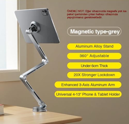 Alternative view of Profesyonel Ayarlanabilir Manyetik Tablet Tutucu Alüminyum Stand, 360° Ayarlanabilir, 20X Daha Güçlü Kilitleme, 4-13" Telefon ve Tabletler İçin, Yatak, Masa Montaj | T01 Mangnetic