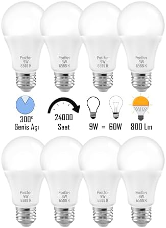 Telvesse 8 ADET 9W Beyaz LED E27 Ampul Tasarruflu Lamba 6500 K Beyaz Işık 800 Lümen 9W=60W