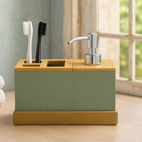 Alternative view of Bambu Kapaklı Yeşil Banyo Seti – Sıvı Sabunluk, Diş Fırçalık, Çok Gözlü Organizer ve Düzenleyici