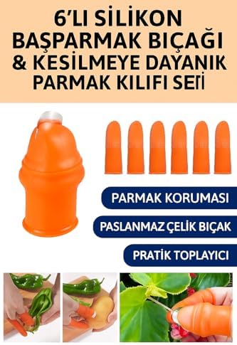 6'lı Silikon Başparmak Bıçağı ve Kesilmeye Dayanıklı Parmak Kılıfı Seti, Meyve ve Sebze Toplama için Paslanmaz Çelik Kesici, Bahçe Budama Eldiveni Kiti - Görsel 3