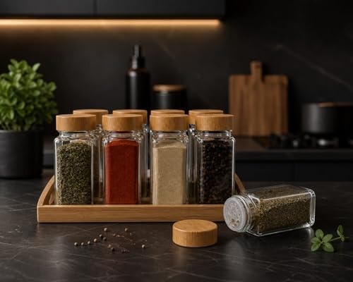 Bambu Kapaklı Cam Baharatlık Seti 12 Adet, Şeffaf Kare Baharat Kavanozu, Plastik Delikli İç Kapaklı Kontrollü Döküm Sistemi, 11x4x4 cm Mutfak Düzenleyici Baharat Saklama Kabı Seti
