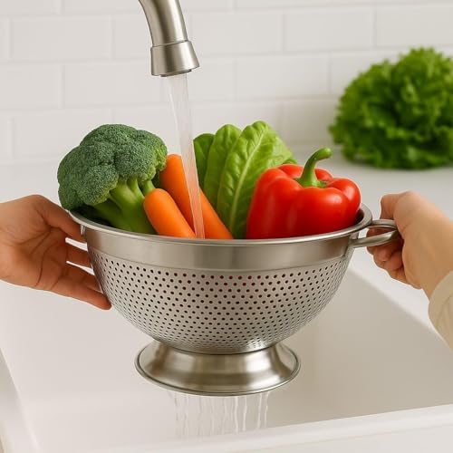 304 Paslanmaz Çelik Süzgeç - Kulplu & Ayaklı Tasarım | Makarna, Sebze ve Meyve Yıkama Kabı - Delikli, Bulaşık Makinesine Uygun (27 cm) - Görsel 3