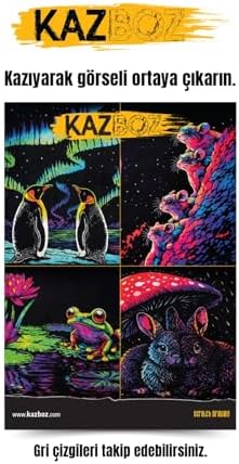 Kazboz Kazıma Sanatı Seti, Hayvanlar Temalı, Kağıt, 205x290 mm, Ahşap Kalem Dahil