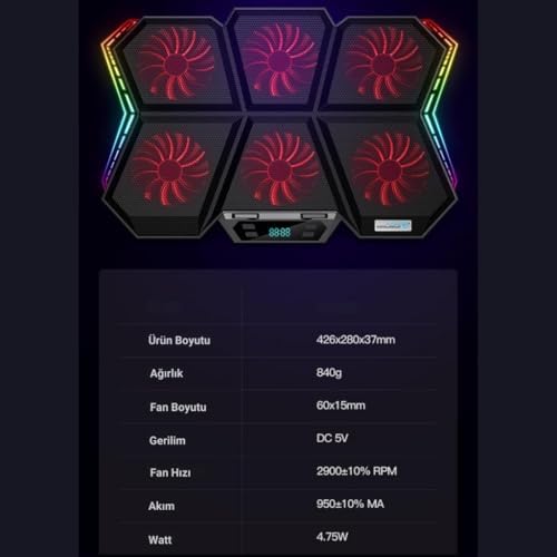 Alternative view of Led Işıklı Ayarlanabilir 7 Kademeli Stand 6 Fanlı Göstergeli Notebook Laptop Soğutucu Turbo Fan