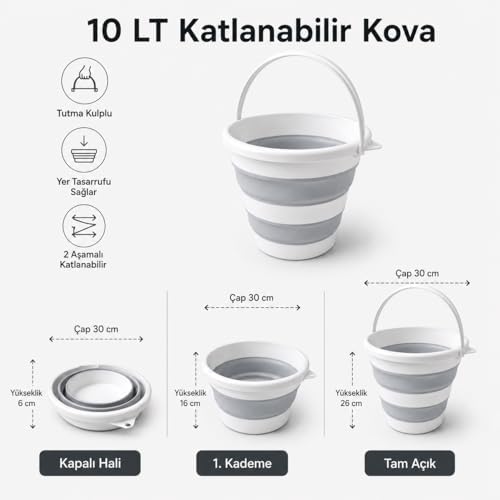 Katlanabilir Kova 10 LT, 2 Aşamalı Silikon Katlanır Kova, Tutma Kulplu Yer Tasarruflu Çok Amaçlı Temizlik Kovası, Kamp Banyo Araç Yıkama Balkon Kullanımı, Gri Beyaz