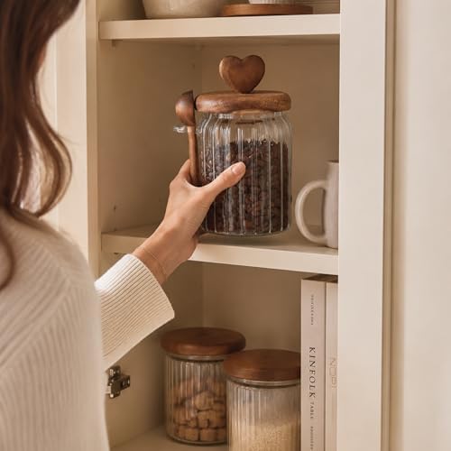 Ahşap Kapaklı Cam Kavanoz 570 ML Kaşıklı | Hava Geçirmez Baharatlık Çay Kahve Şeker Saklama Kabı - Görsel 2