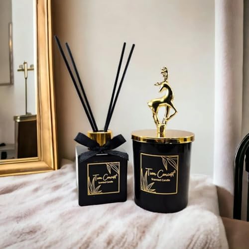 Vanilya Kokulu Geyik Tasarımlı Dekoratif Oda Kokusu Seti - 150g Kokulu Mum & 100ml Çubuklu Oda Kokusu (Set-9, Vanilya)