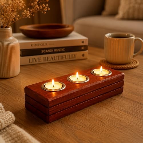 BFA Store El Yapımı Ahşap Tealight Mumluk, Ceviz Rengi, 3 Mum Kapasiteli, 27x11x6 cm, Dekoratif Hediyelik - Görsel 3