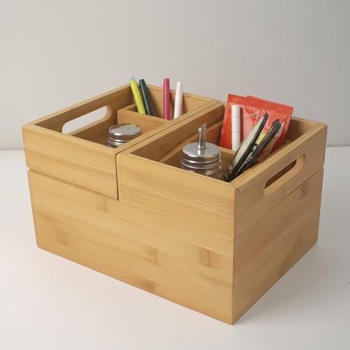 Alternative view of 3'lü Modüler Bambu Organizer Set - Üst Üste Geçebilen Çok Amaçlı Çekmece İçi ve Masaüstü Düzenleyici Kutu - Banyo, Mutfak ve Ofis İçin Ahşap Saklama Seti