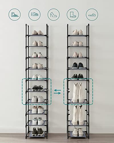 Alternative view of Ayakkabı rafı, ayakkabı düzenleyici, 10 raf, açık dar ayakkabı rafı, 33 x 33 x 173 cm, metal çerçeve, dokunmamış kumaş raflar, koridor, yatak odası, gri LSR110G01
