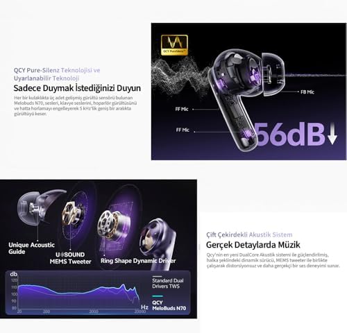 QCY MeloBuds N70, Bluetooth 5.2, Kulak İçi Kulaklık, Siyah, Hi-Res Audio, LDAC, 50dB Hibrit ANC, 50 Saat Pil Ömrü, Kablosuz Şarj
