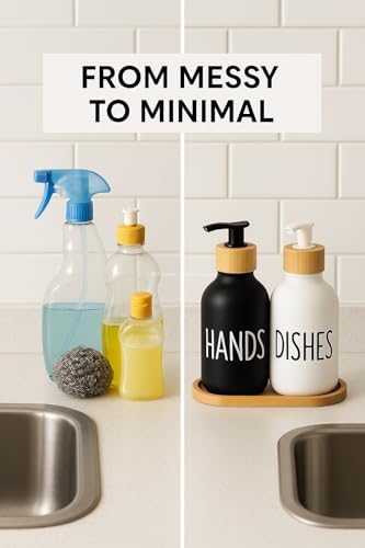 Bulaşık Deterjanlık ve Sabunluk Seti Bambu Tepsili Şık İkili Set Siyah Beyaz Modern Tasarım Kompozit Malzemeli Mutfak Tezgah Üstü Organizer (Silindir) - Görsel 3