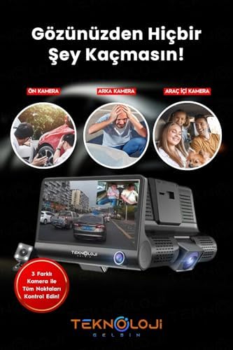 Alternative view of Araç İçi Kamera 4'' Lcd Ekran 3 Kameralı 170° Geniş Açı 1080p G-Sensör Gece Görüşlü Uyumlu Yol Kayıt