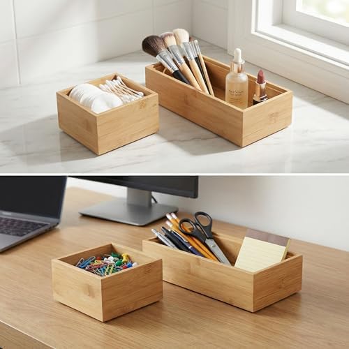 Alternative view of 2'li Çok Amaçlı Bambu Organizer Set - Büyük ve Küçük Boy Banyo, Mutfak ve Ofis Düzenleyici Kutu - Ahşap Dekoratif Saklama Seti (33x16x12 cm & 15x15x6 cm)