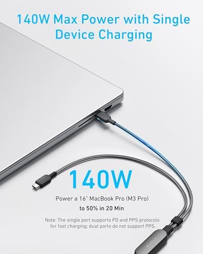 2-in-1 USB-C to USB-C 140 W Kablo A8895, Siyah
