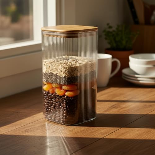 10x20 cm Bambu Kapaklı Kare Cam Saklama Kavanozu - Vakumlu Ekstra Uzun Boy Şeffaf Erzak Kabı Spagetti Makarna Bakliyat Kutusu ve Mutfak Düzenleyici Organizatör - Görsel 3