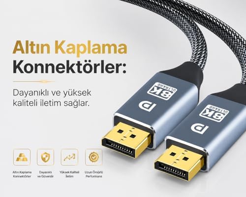 1.5 Metre 8K DisplayPort Kablosu DP 1.4V, 8K 240Hz UHD, 7680x4320P, Projeksiyon İçin Yüksek Hızda Bağlantı, Notebook, TV, Game Box ve Projeksiyon Cihazı Uyumlu | ZR832 (1.5 Metre)