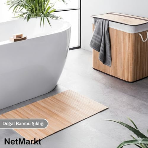 Lüks Bambu Banyo Paspası & Mutfak Matı | Kaydırmaz Tabanlı, Suya Dayanıklı | Çamaşır Makinesi Üstü Dekoratif Örtü Olarak Kullanılabilir | Doğal Ahşap Görünümlü - Görsel 3