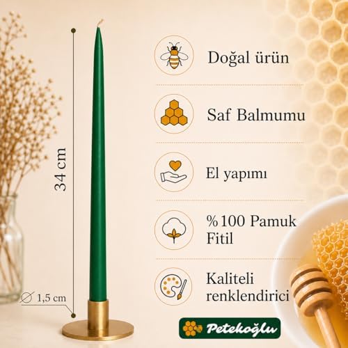 (6 Adet X 34Cm) Konik Balmumu Mum Şamdan Mumu Doğal Petek Bal Mumu Dekoratif Beeswax Candle Yeşil Şamdan Mumu