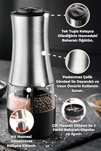 Dual Paslanmaz Çelik Çift Hazneli Otomatik Tuz & Karabiber Öğütücü Pilli - Metalik - Görsel 3