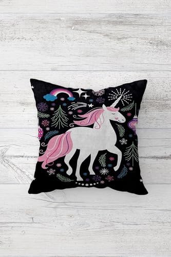 Sevimli Unicorn Desenler Gizli Fermuarlı Kırlent Kılıfı Koltuk Yastık Kılıfı Takım(4ADET), Pembe-Siyah 45 x 45