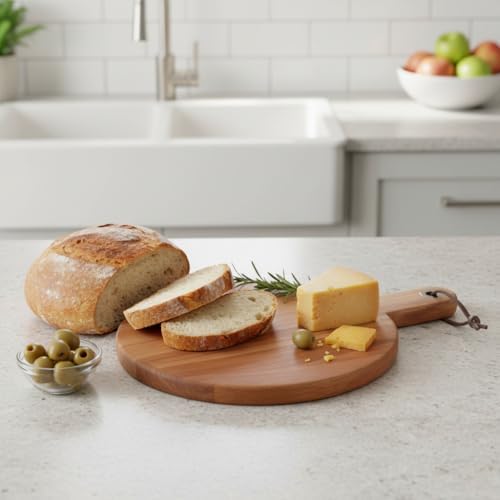 Akasya Ahşap Yuvarlak Sunum Tabağı (20x30 cm) | Doğal Saplı Peynir, Şarküteri, Pizza ve Meze Servis Tahtası | Küçük Boy Modern Ahşap Sunumluk (1.2 cm Kalınlık) - Görsel 3