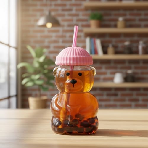 Alternative view of Sevimli Ayıcık Figürlü Borosilikat Cam Bardak 580 ml - Silikon Kapaklı ve Pipetli Lüx Barista Soğuk İçecek Bardağı (PEMBE)