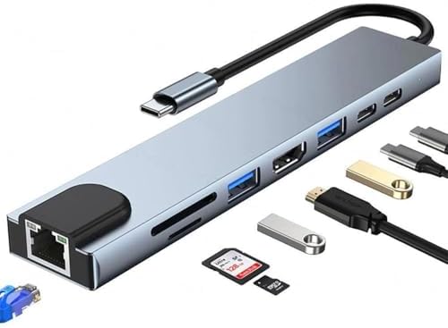 8 in 1 Type C to 2 Port USB 3.0 2 SD Kart TF Kart HDMI RJ45 2PD Kablolu Adaptör iphone 15 Serisi Uyumlu Type C Girişli Android Cihazlara Uyumlu ZR38
