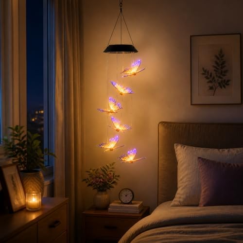 Solar Bahçe Işığı Asma Led Işık – Renk Değiştiren Kelebek Tasarımı, Güneş Enerjisiyle Çalışan, Dış Mekan İçin Uygun, Balkon Teras Oda Süslemesi, Mor Sarı Renk | BF101