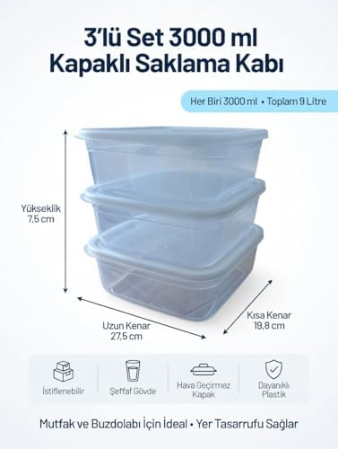 Kapaklı Saklama Kabı 3'lü Set, 3000 ml Her Biri, Şeffaf, BPA İçermez, Hava Geçirmez, İstiflenebilir - Görsel 3