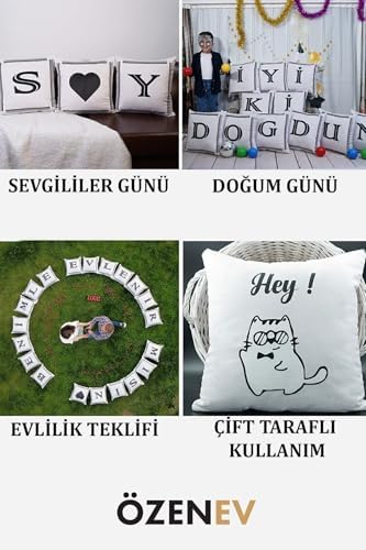 Harfli Kırlent Kılıfı Kadife 43X43 Cm Çift Taraflı V Harfi Kedi Desenli Evlilik Teklifi Doğum Günü