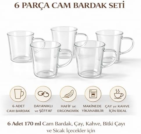 Alternative view of 6’lı Cam Bardak Seti – 170 ml Kulplu Şeffaf Cam Kupa, Çay Kahve ve Bitki Çayı Bardakları, Bulaşık Makinesinde Yıkanabilir