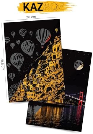 Kazboz Kazıma Sanatı, Türkiye Temalı Scratch Art Seti, 20x28,5 cm, Venedik, Kapadokya, İstanbul Manzaralı