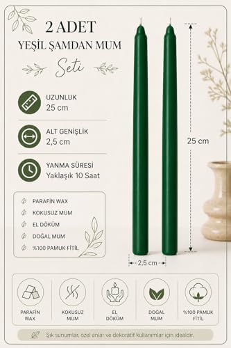 2’li Yeşil Şamdan Mum Seti 25 cm – Dekoratif İnce Şamdan Mum, Kokusuz Parafin Wax,%100 Pamuk Fitil, El Döküm, Uzun Süre Yanma (~10 Saat), Şık Sofra, Davet, Nişan, Düğün ve Ev Dekorasyonu İçin Zarif - Görsel 3