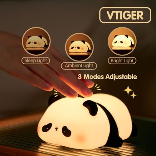 VTIGER Panda Gece Lambası, LED Yumuşacık Sevimli Lamba, Çocuklar için Gece Lambası, Silikon Panda Işığı, Kısılabilir Kız Bebek Yatak Odası Gece Lambası, Emzirme Kreş Dekoru için Şarj Edilebilir