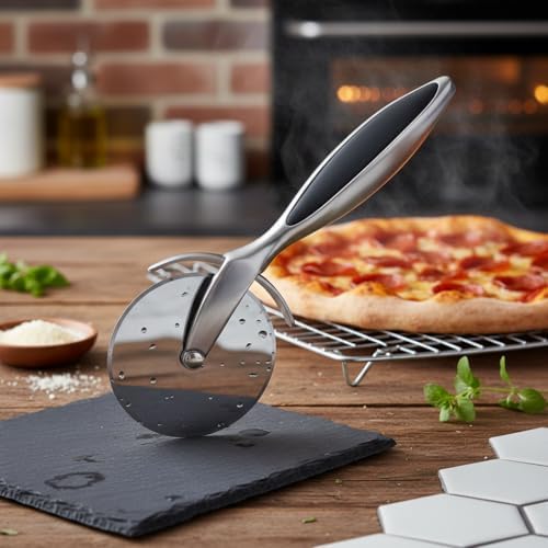 Alternative view of Paslanmaz Çelik Pizza Dilimleyici ve Kesici - Ergonomik Saplı Profesyonel Hamur Kesme Bıçağı - Parmak Koruyuculu Keskin Döner Bıçak